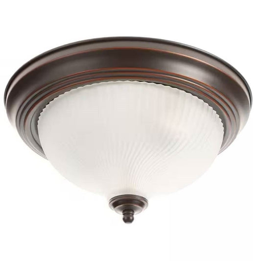 Round 11-inch Bronze Finish Ceiling Light with Frosted Glass Shade - Flush Mount-0