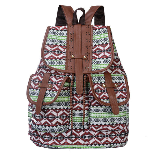 NNEDSZ Green Bohemian Style Canvas Backpack - Vintage Tribal Pattern Travel Bag with Leather Straps-0