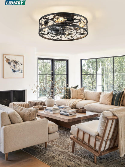 Caged Ceiling Fans with Lights, Black Flush Mount Ceiling Fan with