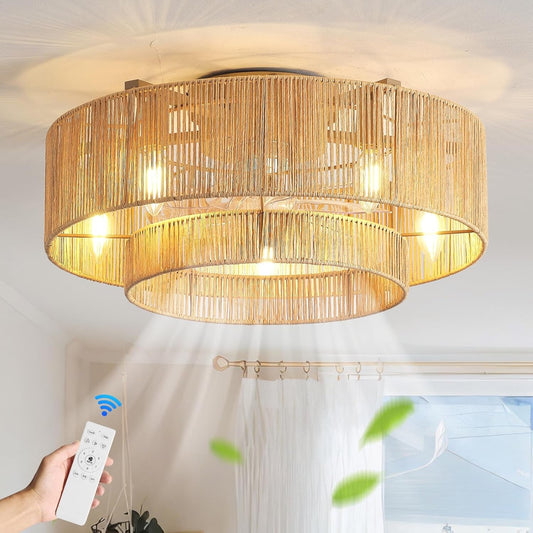 20 Inch Boho Caged Ceiling Fans with Lights Flush Mount, Layered