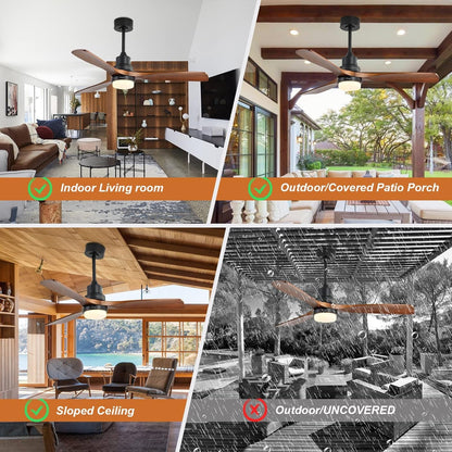 52" Ceiling Fan with Lights Remote Control, 3 Poles for Indoor Outdoor