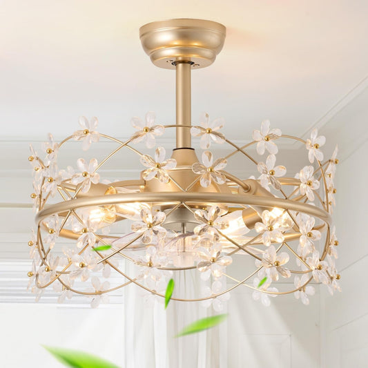 20 Inch Gold Caged Ceiling Fan with Light, Flower Chandelier Ceiling
