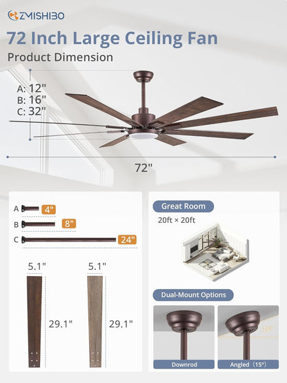 72 Inch Oil Rubbed Bronze Ceiling Fans with Lights and Remote,