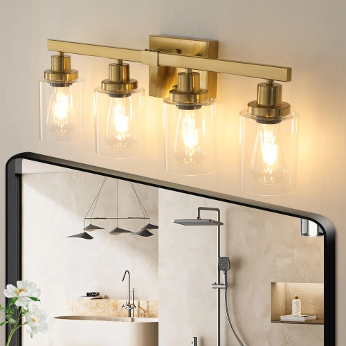 Gold 4 Lamp Vanity Light With Clear Glass Shade, Modern Iron Metal Bathroom Wall Fixture For Bathroom & Dresser - No Bulbs