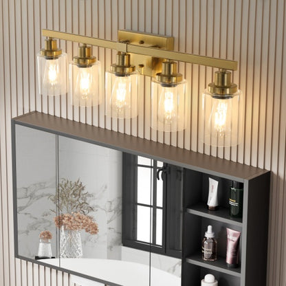 Gold 5 Light Vanity Light With Clear Glass Shade, Modern Iron Bathroom Wall Fixture For Bathroom & Dresser - No Bulbs