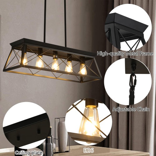 5 Lamps Farmhouse Chandelier For Dining Room, Metal Rustic Chandelier Island Lamp, Modern Rectangular Island Lamp For Kitchen, Living Room Pure Black - No Bulbs