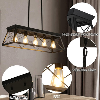 5 Lamps Farmhouse Chandelier For Dining Room, Metal Rustic Chandelier Island Lamp, Modern Rectangular Island Lamp For Kitchen, Living Room Pure Black - No Bulbs