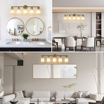 5 Lamps Gold Bathroom Vanity Lamp, Frosted Glass Shade, Modern Wall Mounted Lighting - No Bulbs