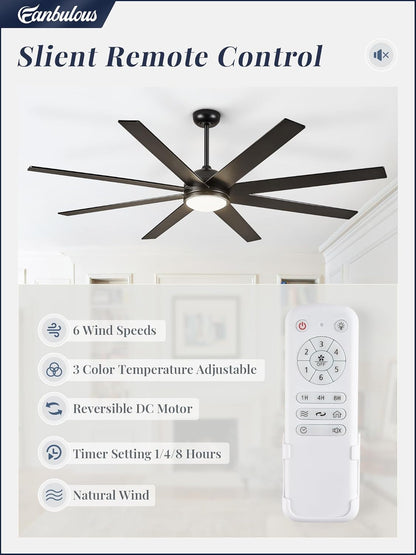 65 Inch Ceiling Fans with Lights and Remote, Black Indoor/Outdoor