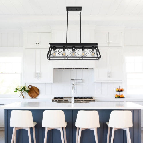 5 Lamps Farmhouse Chandelier For Dining Room, Metal Rustic Chandelier Island Lamp, Modern Rectangular Island Lamp For Kitchen, Living Room Pure Black - No Bulbs