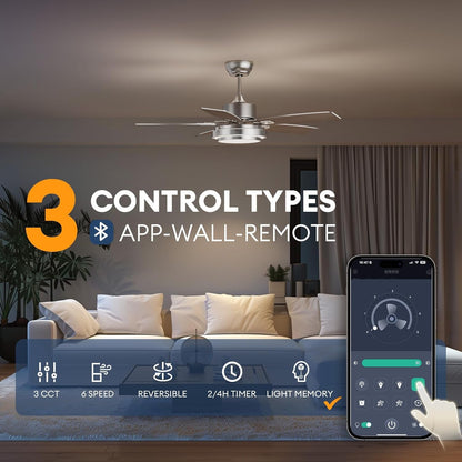 42 Inch Ceiling Fans with Lights and Remote/App Control, Modern Nickel