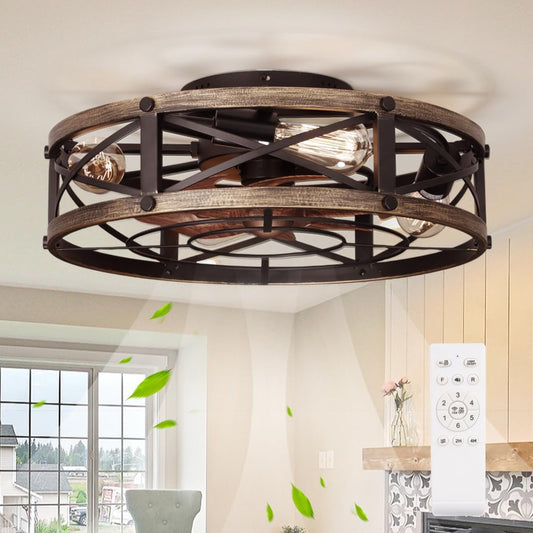 Farmhouse Flush Mount Caged Ceiling Fans with Lights, 6 Speeds, Rustic