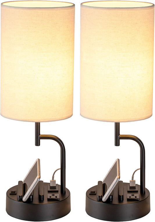 Table Lamp with 3 USB Charging Ports, Modern Desk Lamp with AC Outlet