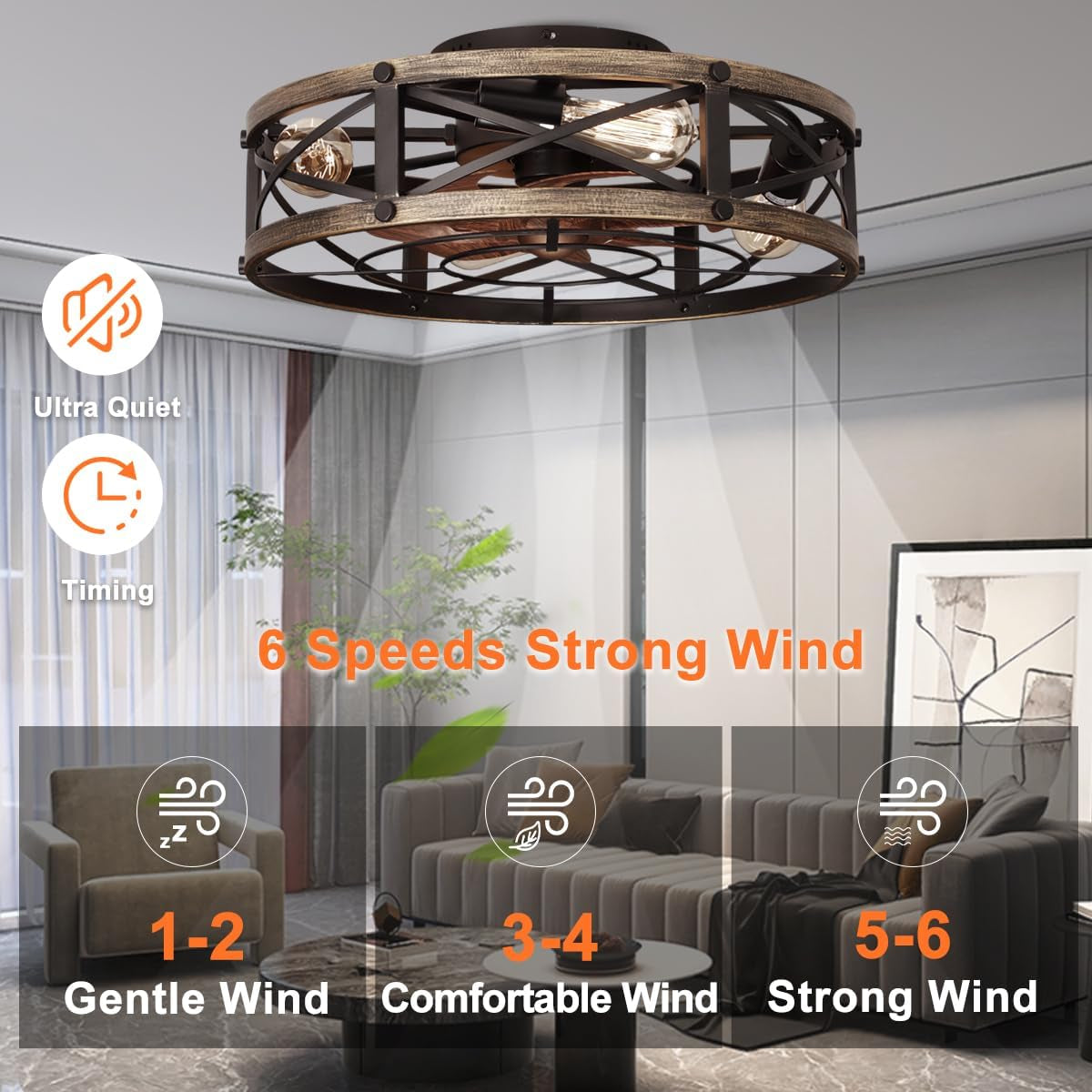 Farmhouse Flush Mount Caged Ceiling Fans with Lights, 6 Speeds, Rustic