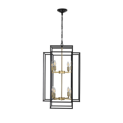 8 Lights Black & Gold Lantern Tiered Chandelier, Industrial Farmhouse Chandelier - No Bulbs