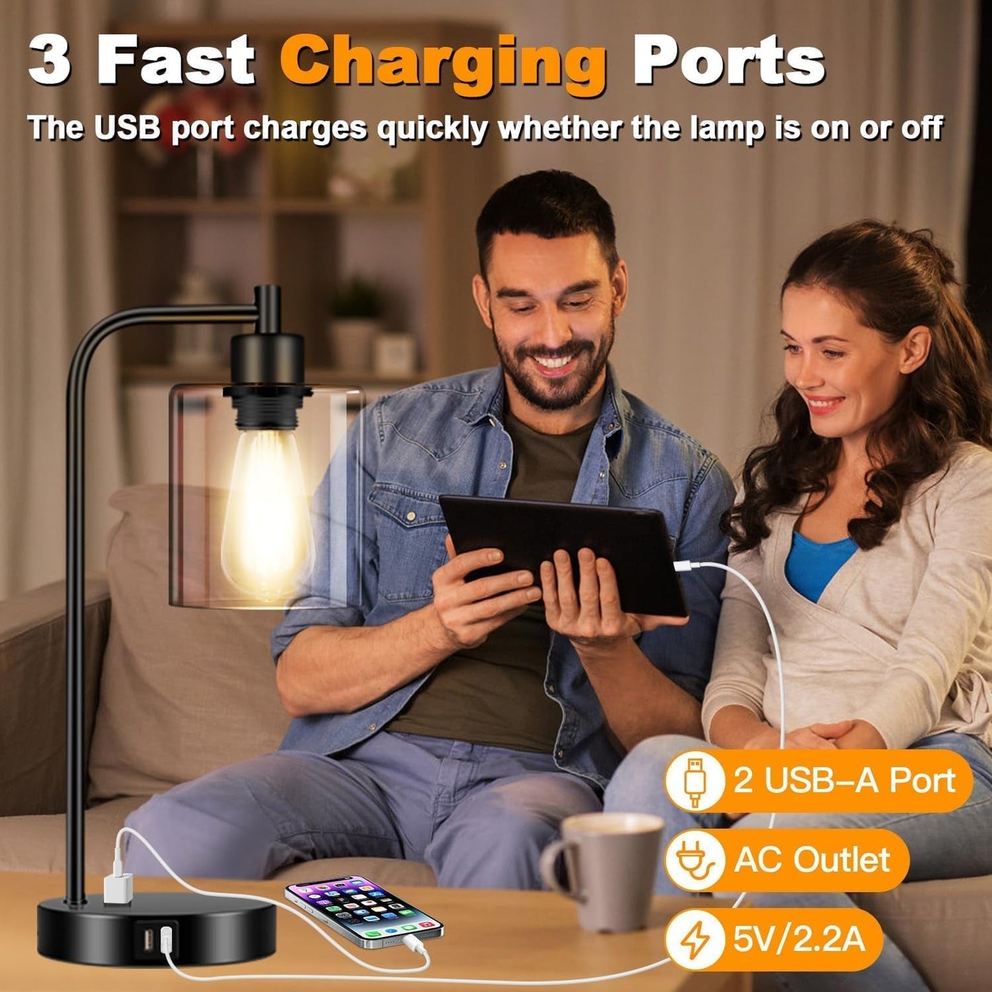 Set of 2 Industrial Touch Control Table Lamps with 2 USB Ports and AC