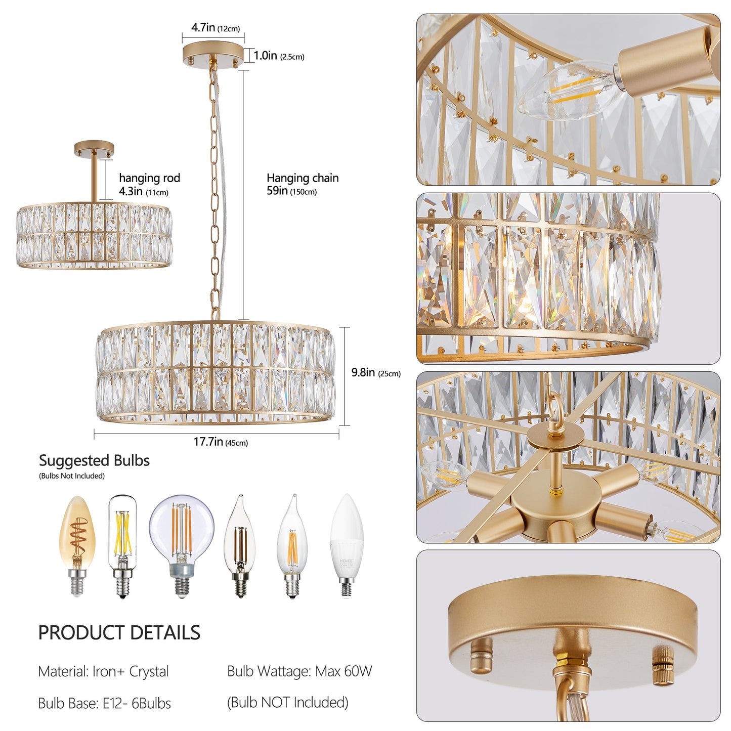 Modern Crystal Drum Chandelier, 6-Light Pendant Lighting Fixture with