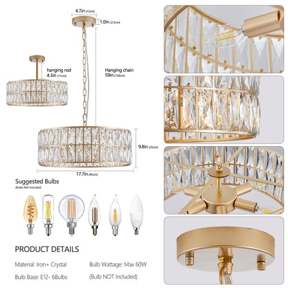Modern Crystal Drum Chandelier, 6-Light Pendant Lighting Fixture with