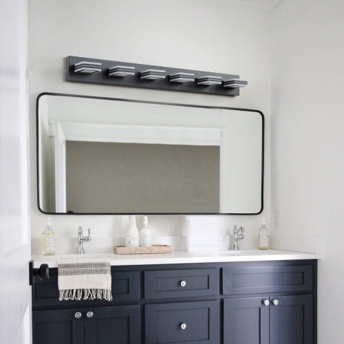 LED Modern Black Makeup Light, 6 Light Acrylic Matte Black Bathroom Makeup Light Covering Mirror