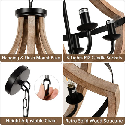 Solid Wood Modern Chandelier For Dining Room, Living Room, Kitchen, Island, Bedroom, Foyer, Height Adjustable, Brown