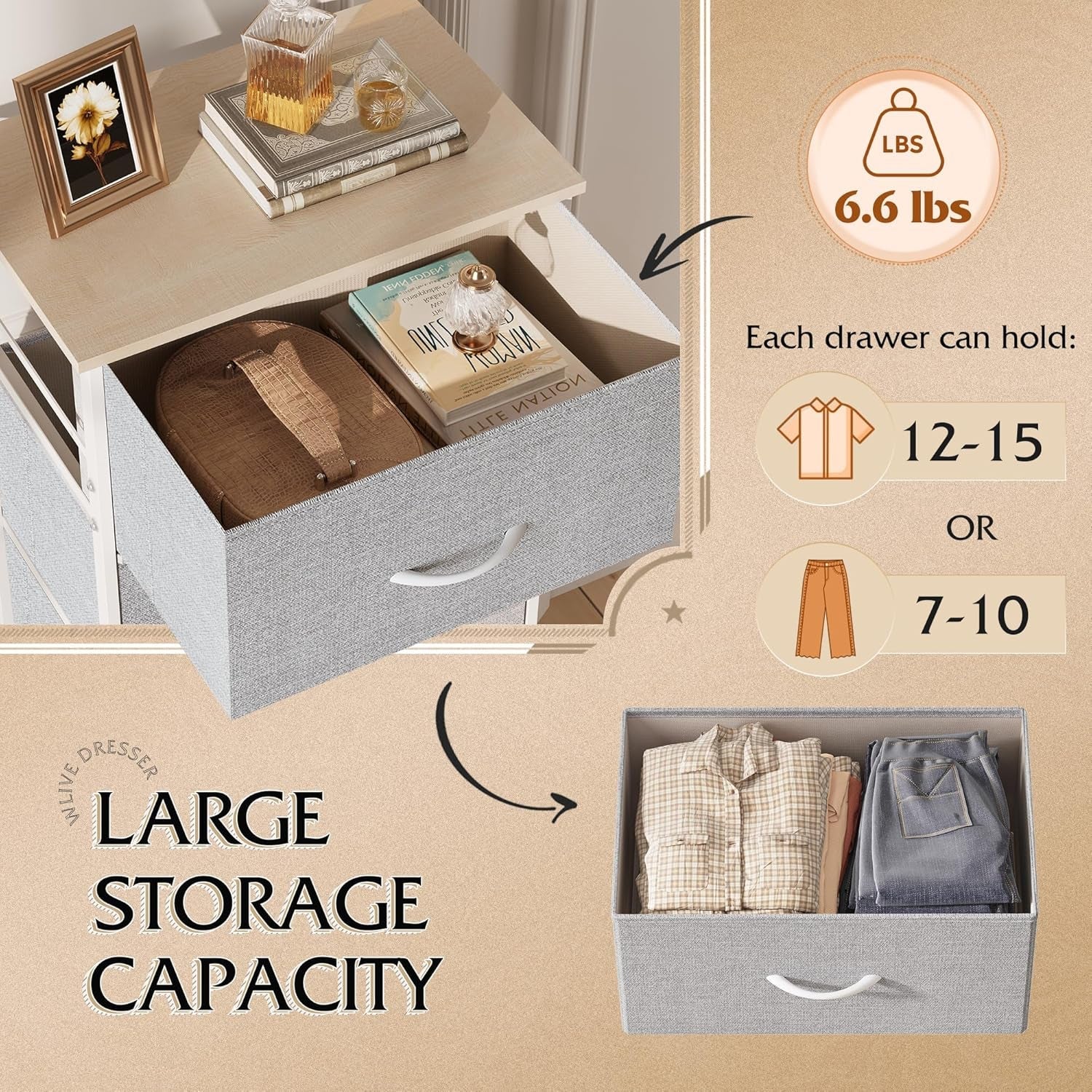 Light Grey Fabric 4 Drawer Dresser With Wood Top Storage-4