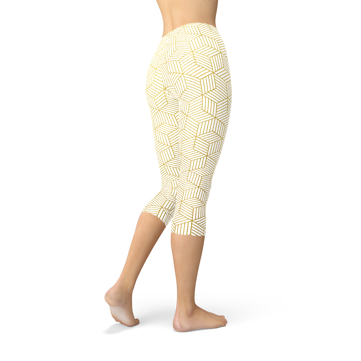 Women White Capri Leggings w/ Geometric Cubes