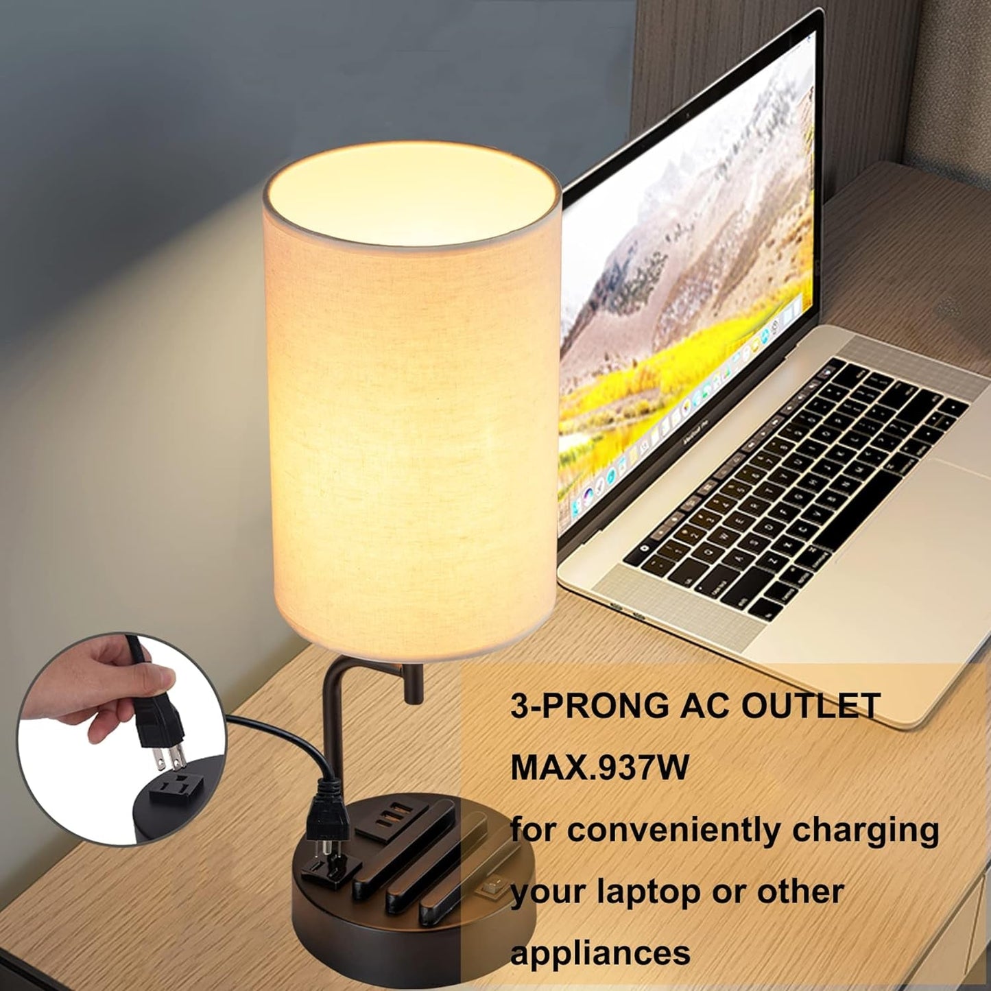 Table Lamp with 3 USB Charging Ports, Modern Desk Lamp with AC Outlet
