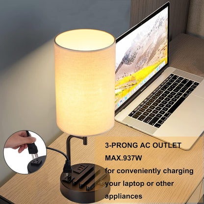 Table Lamp with 3 USB Charging Ports, Modern Desk Lamp with AC Outlet