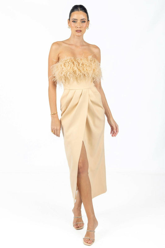 Diane Midi Feather Dress Beige-0