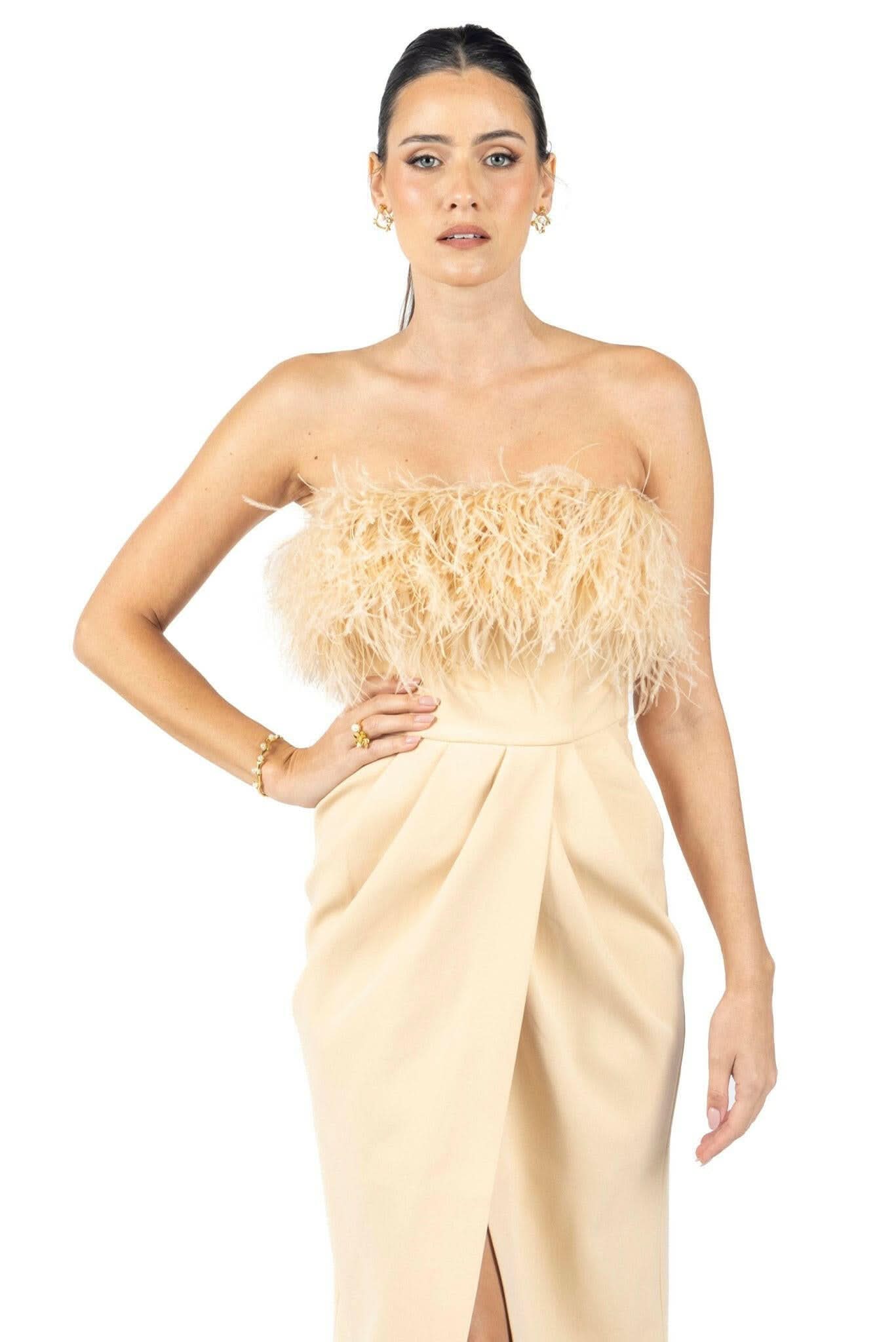 Diane Midi Feather Dress Beige-1