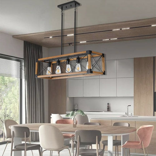 5 Lights Vintage Farmhouse Chandelier For Kitchen, Living Room, Dining Room Walnut - No Bulbs