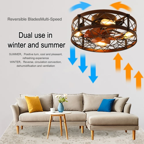 Cage Ceiling Fan With Light, Black, Recessed Ceiling Fan Light, Farmhouse Small Ceiling Fan With Light Fixture, Bedroom Reversible Fan - E26 Bulb Included