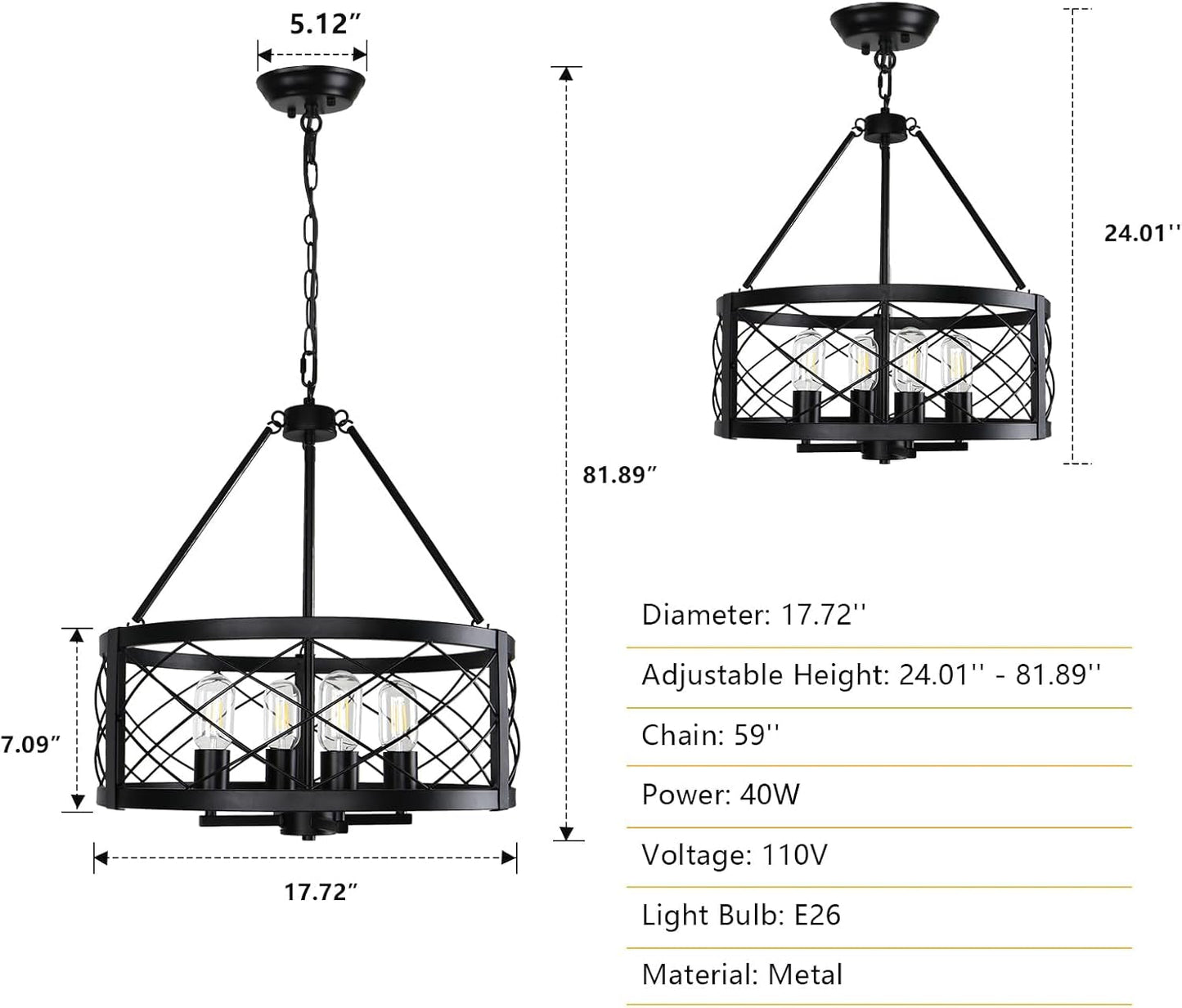 Black Industrial Chandelier Four Light Drum Fixture-1