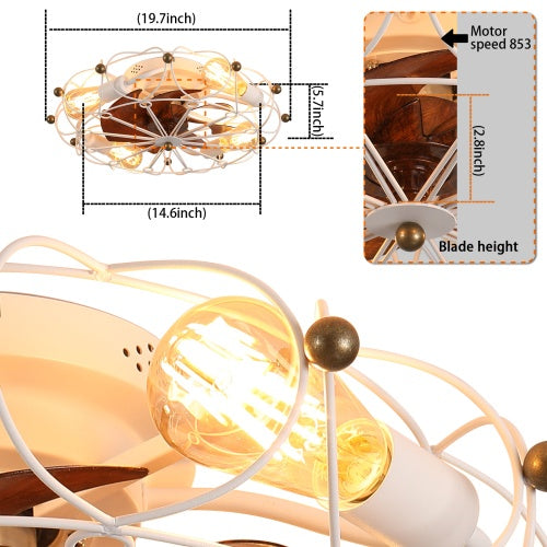 Low Profile Cage Ceiling Fan With Light Remote Control, Built-in Modern Industrial Ceiling Fan