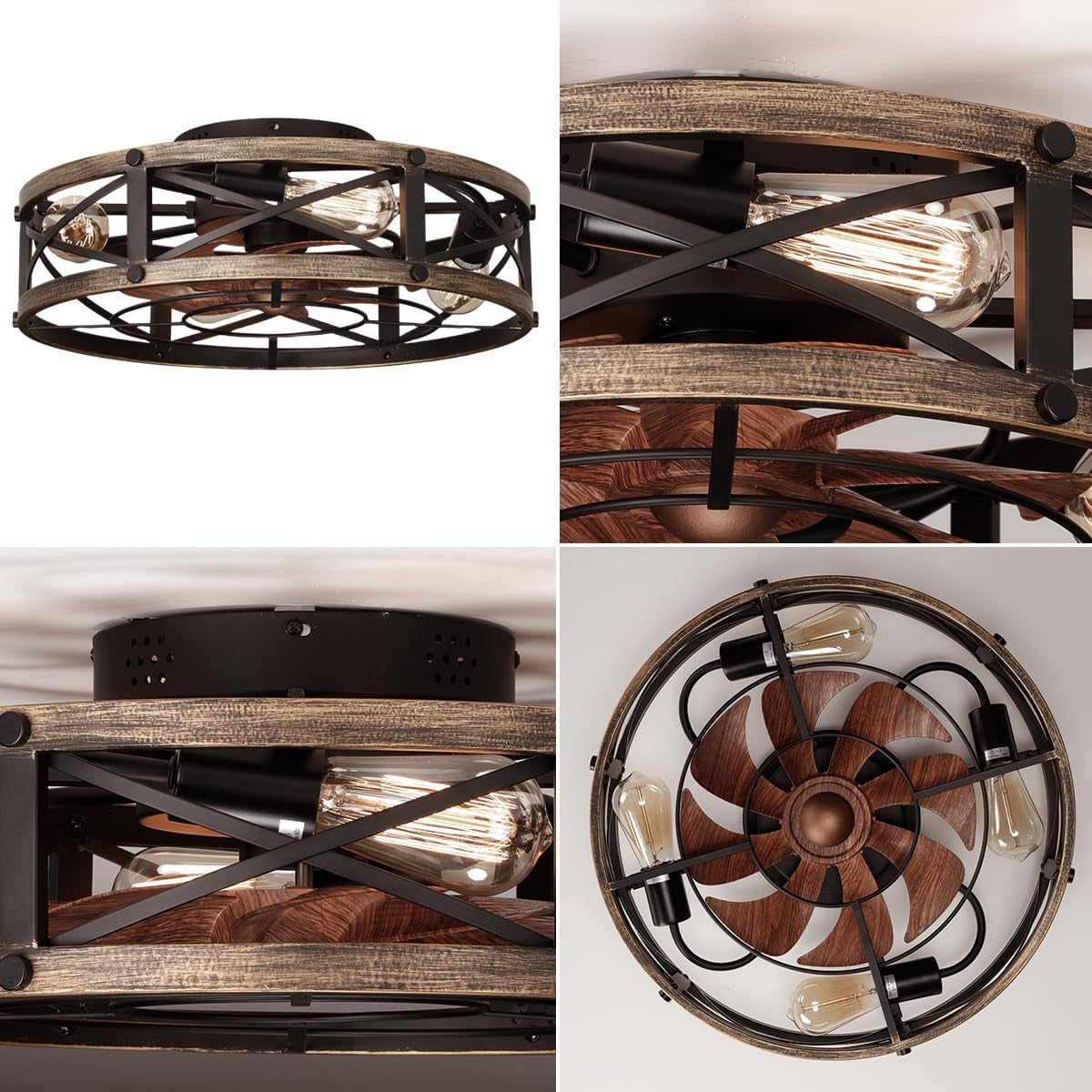 Farmhouse Flush Mount Caged Ceiling Fans with Lights, 6 Speeds, Rustic