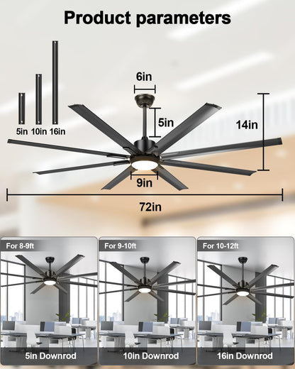72 Inch Large Industrial Ceiling Fan with Light and Remote-8 Aluminium