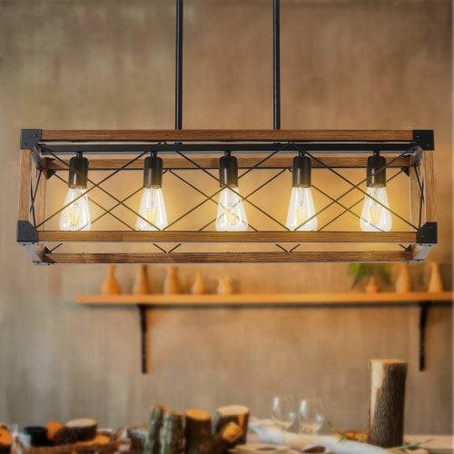 5 Lights Vintage Farmhouse Chandelier For Kitchen, Living Room, Dining Room Walnut - No Bulbs