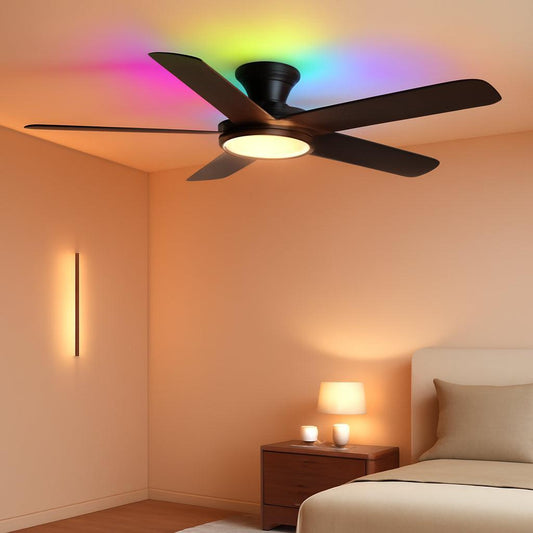 52 Inch Black Flush Mount Ceiling Fan RGB LED Light-0