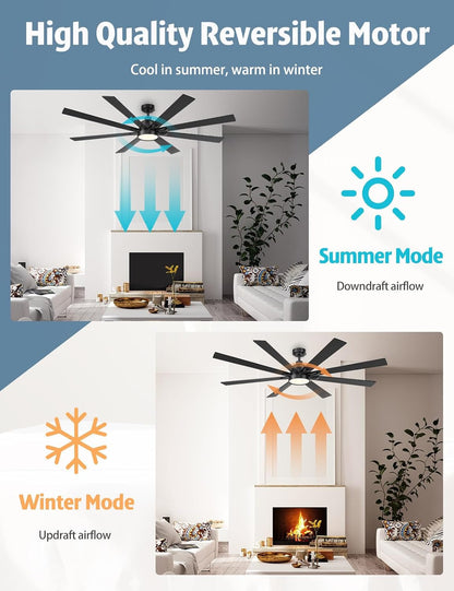 62 Inch Large Ceiling Fans with Lights and Remote - Wood/Matte Black