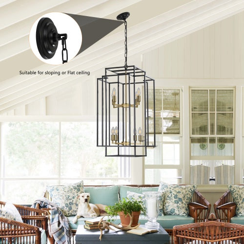 8 Lights Black & Gold Lantern Tiered Chandelier, Industrial Farmhouse Chandelier - No Bulbs