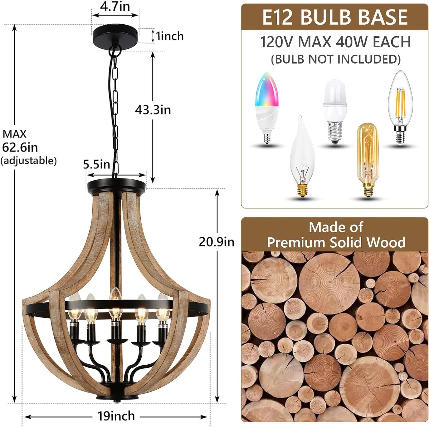 Solid Wood Modern Chandelier For Dining Room, Living Room, Kitchen, Island, Bedroom, Foyer, Height Adjustable, Brown