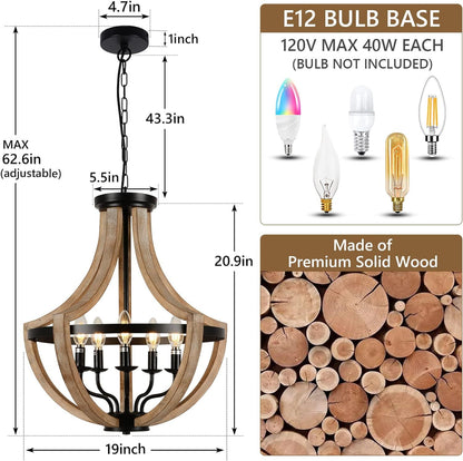 Solid Wood Modern Chandelier For Dining Room, Living Room, Kitchen, Island, Bedroom, Foyer, Height Adjustable, Brown