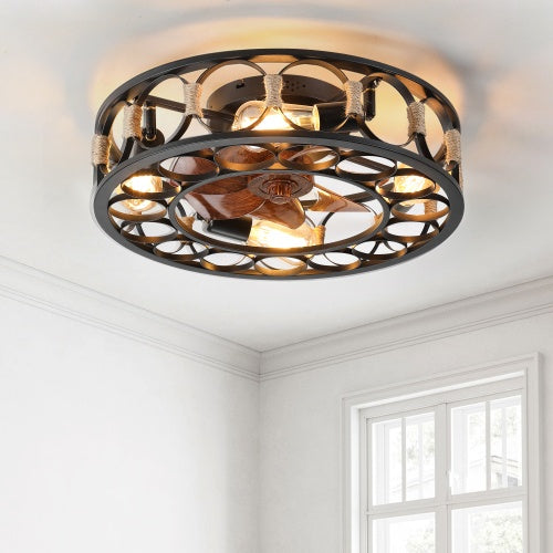 Cage Ceiling Fan With Light Remote Control, Low-profile Built-in Farmhouse Modern Ceiling Fan, 6 Speed Reversible Blades, Including 5 LED Bulbs