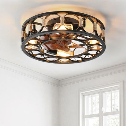 Cage Ceiling Fan With Light Remote Control, Low-profile Built-in Farmhouse Modern Ceiling Fan, 6 Speed Reversible Blades, Including 5 LED Bulbs