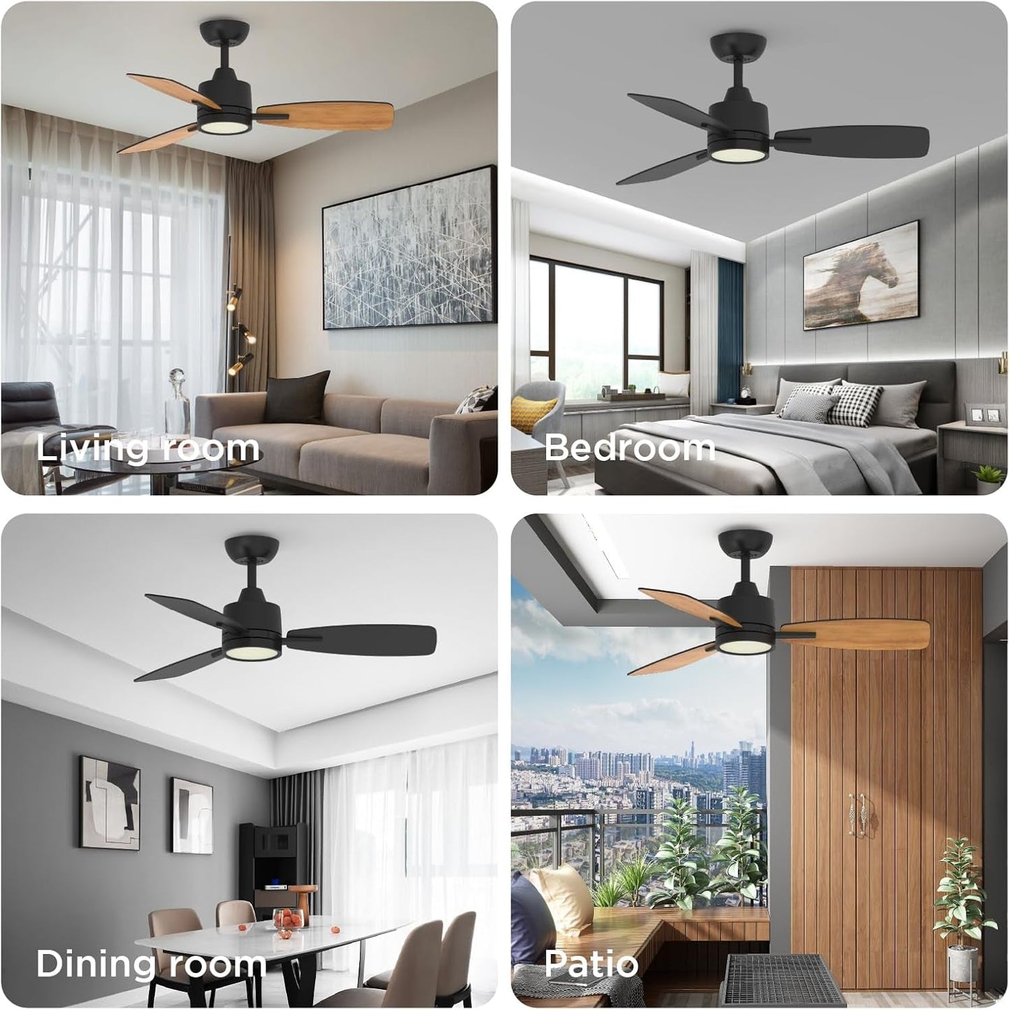 42 Inch Black Ceiling Fans with Lights Led Remote Control Flush Mount