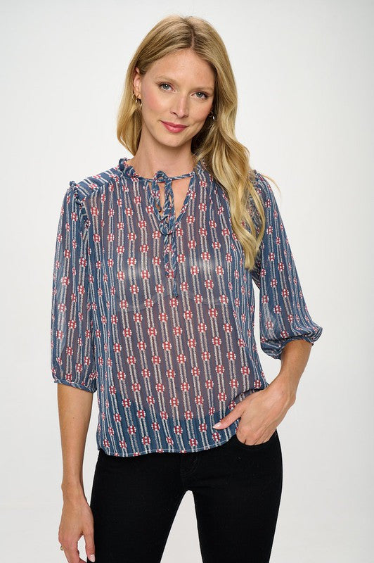 Print Semi Sheer Top with Tie-0