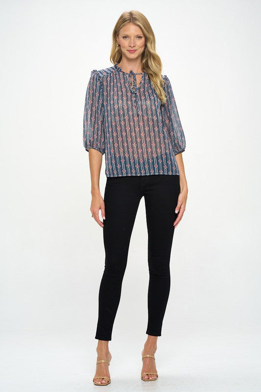 Print Semi Sheer Top with Tie-4