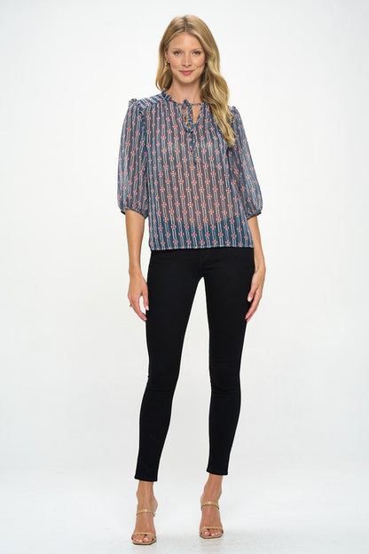 Print Semi Sheer Top with Tie-4