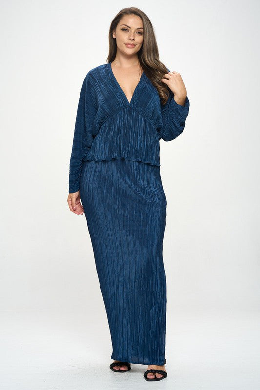 Plisse V neck Top with Balloon Dolman Sleeve-4