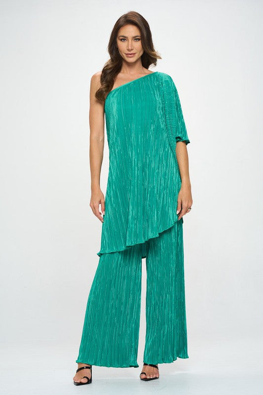 Plisse One Shoulder Draped Tunic Dress-4